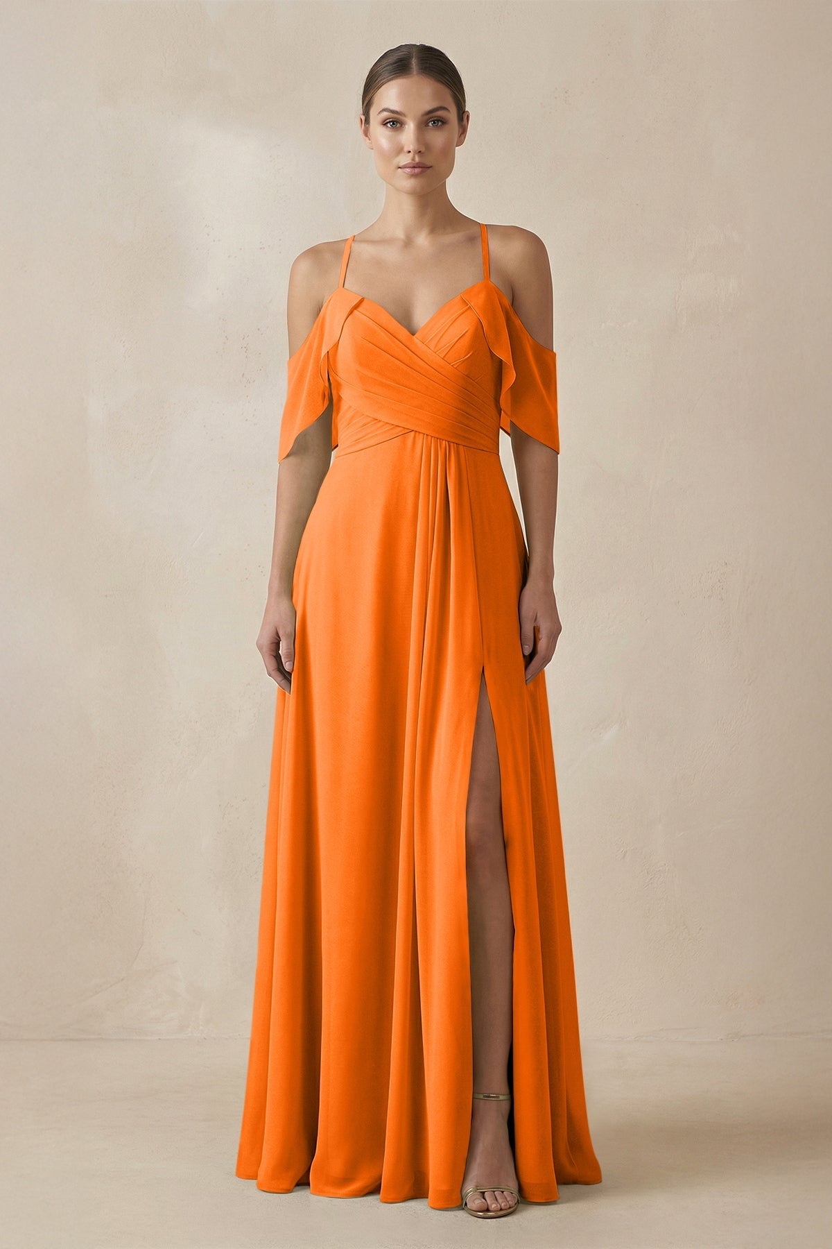 Robe longue orange en mousseline coupe trapèze - Harana