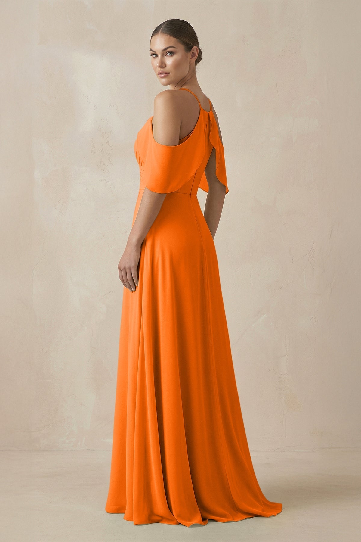 Robe longue orange en mousseline coupe trapèze - Harana