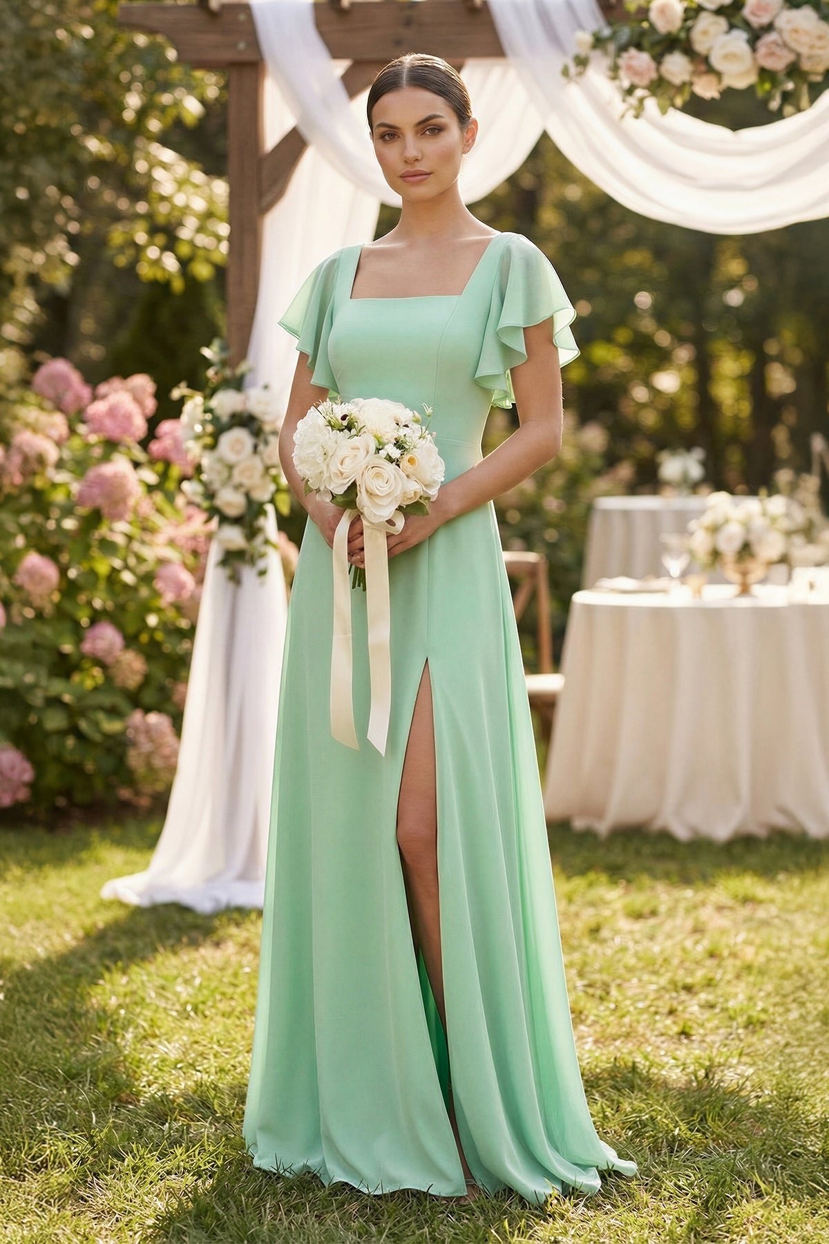 Robe demoiselle d’honneur pale pistachio longue avec fente à volants en mousseline - Harana