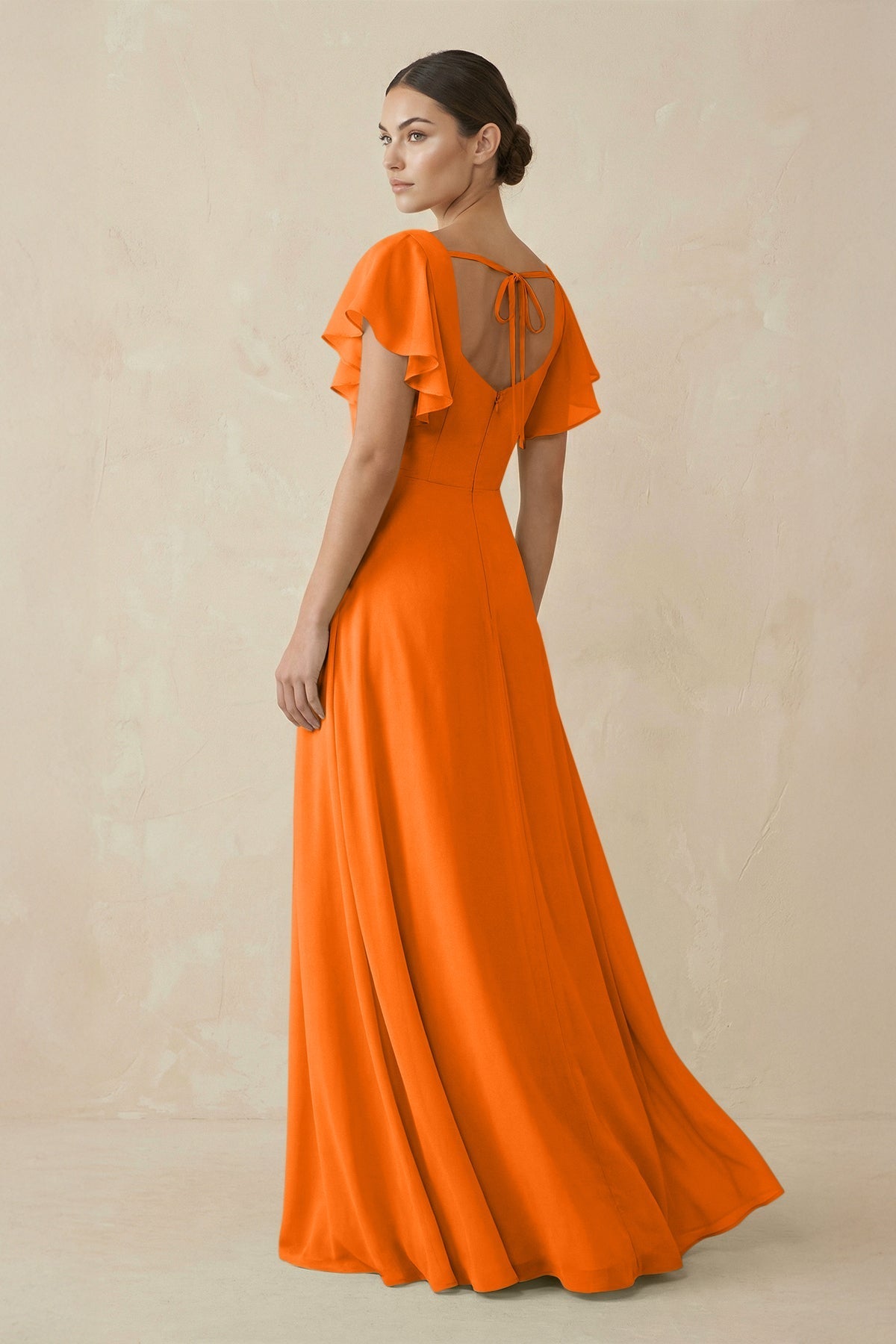 Robe longue orange en mousseline coupe trapèze - Harana