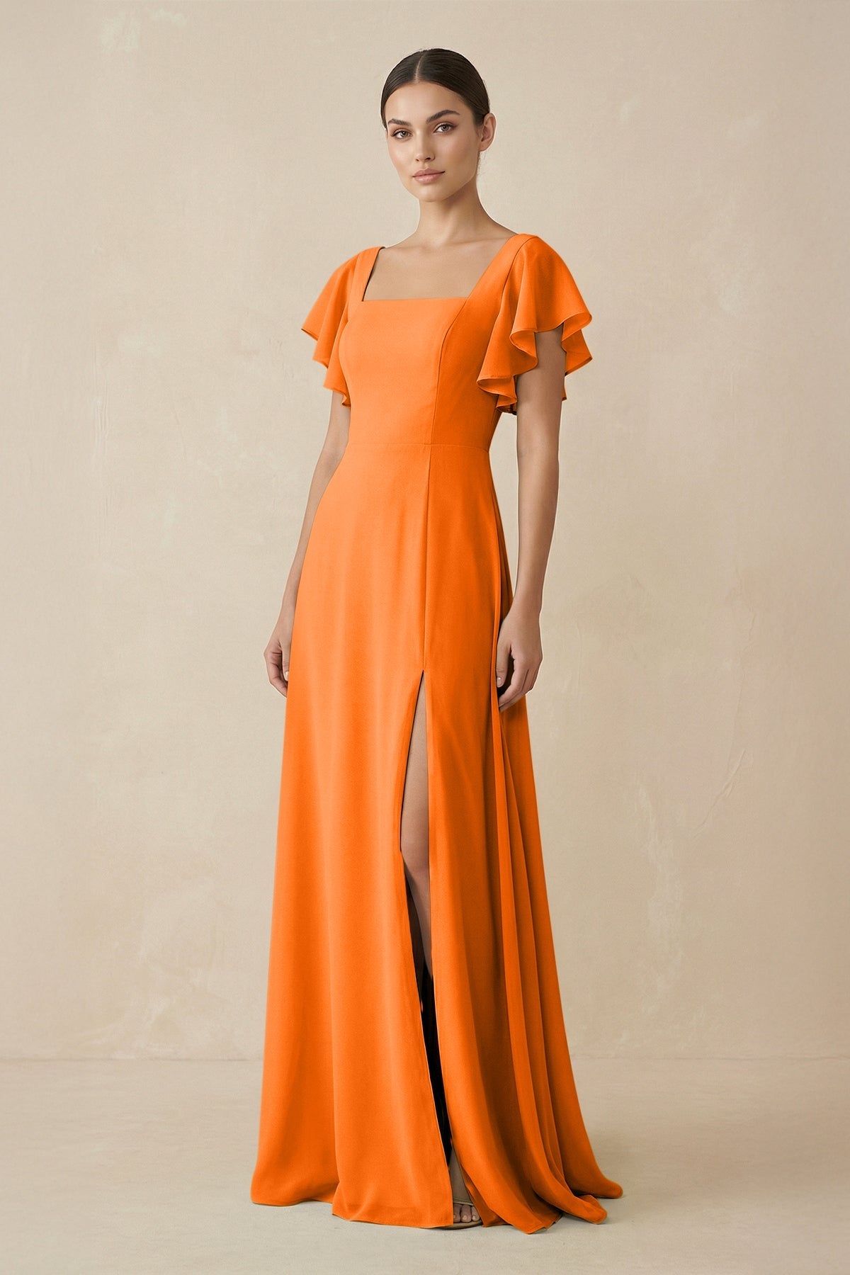 Robe longue orange en mousseline coupe trapèze - Harana