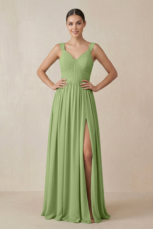 Robe de demoiselle d’honneur vert matcha longue en mousseline coupe trapèze plissée - Harana