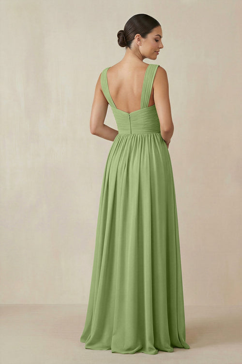 Robe de demoiselle d’honneur vert matcha longue en mousseline coupe trapèze plissée - Harana