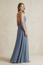 Robe demoiselle d’honneur neptune longue à fines bretelles col V sans manches - Harana