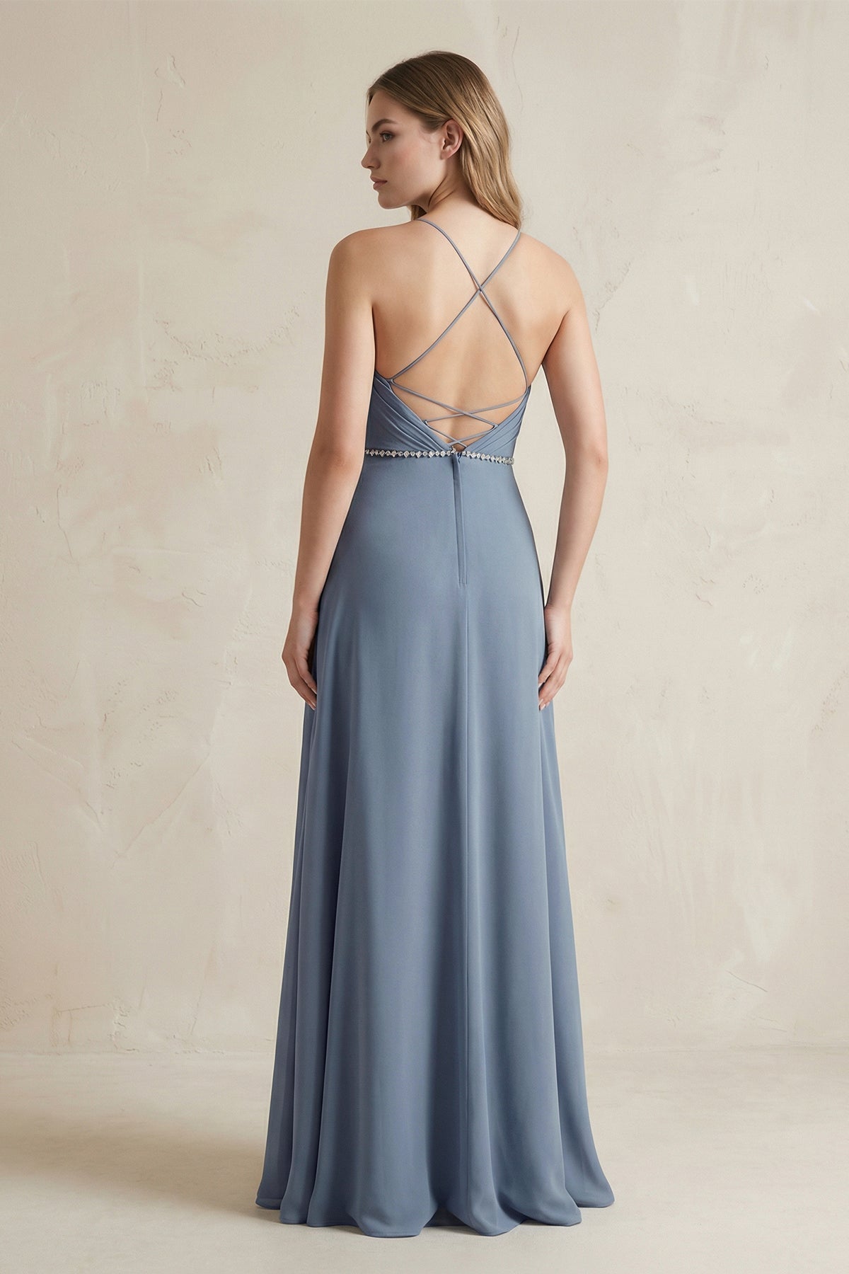 Robe demoiselle d’honneur neptune longue à fines bretelles col V sans manches - Harana