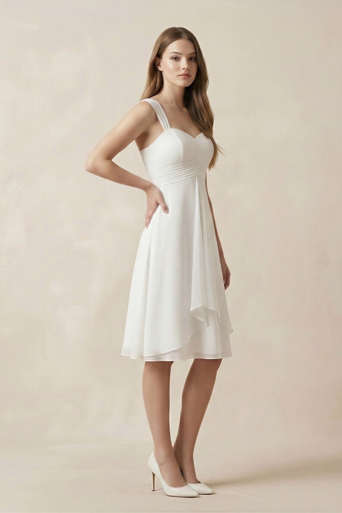 Robe de mariée blanche trapèze en mousseline décolleté cœur sans manches - Harana