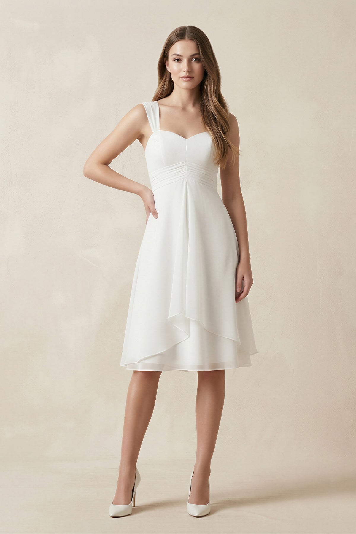 Robe de mariée blanche trapèze en mousseline décolleté cœur sans manches - Harana