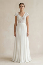 Robe de mariée blanche trapèze en mousseline à col V à appliqués - Harana