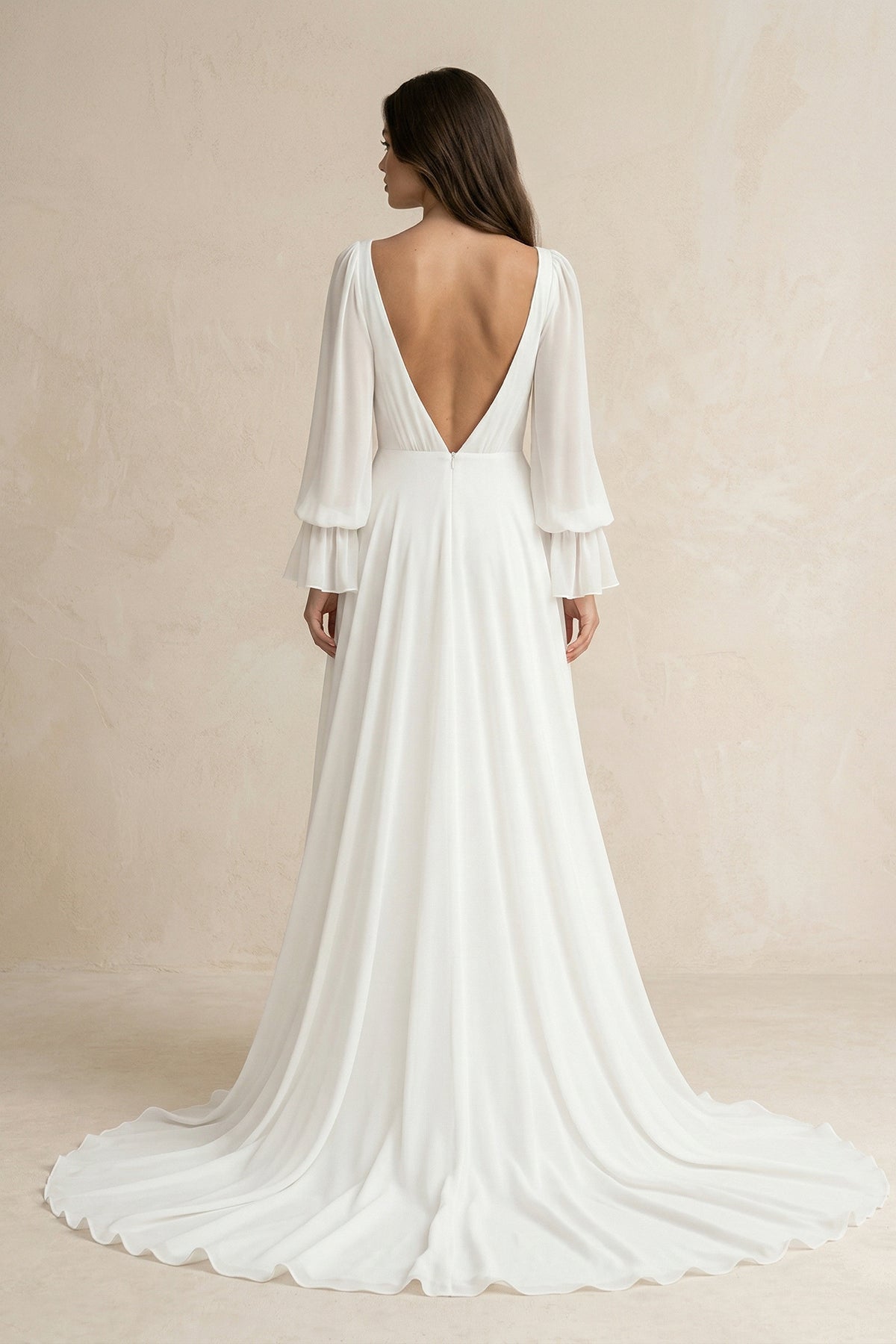 Robe de mariée blanche trapèze en mousseline à col V manches longues - Harana