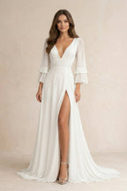 Robe de mariée blanche trapèze en mousseline à col V manches longues - Harana