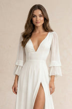 Robe de mariée blanche trapèze en mousseline à col V manches longues - Harana