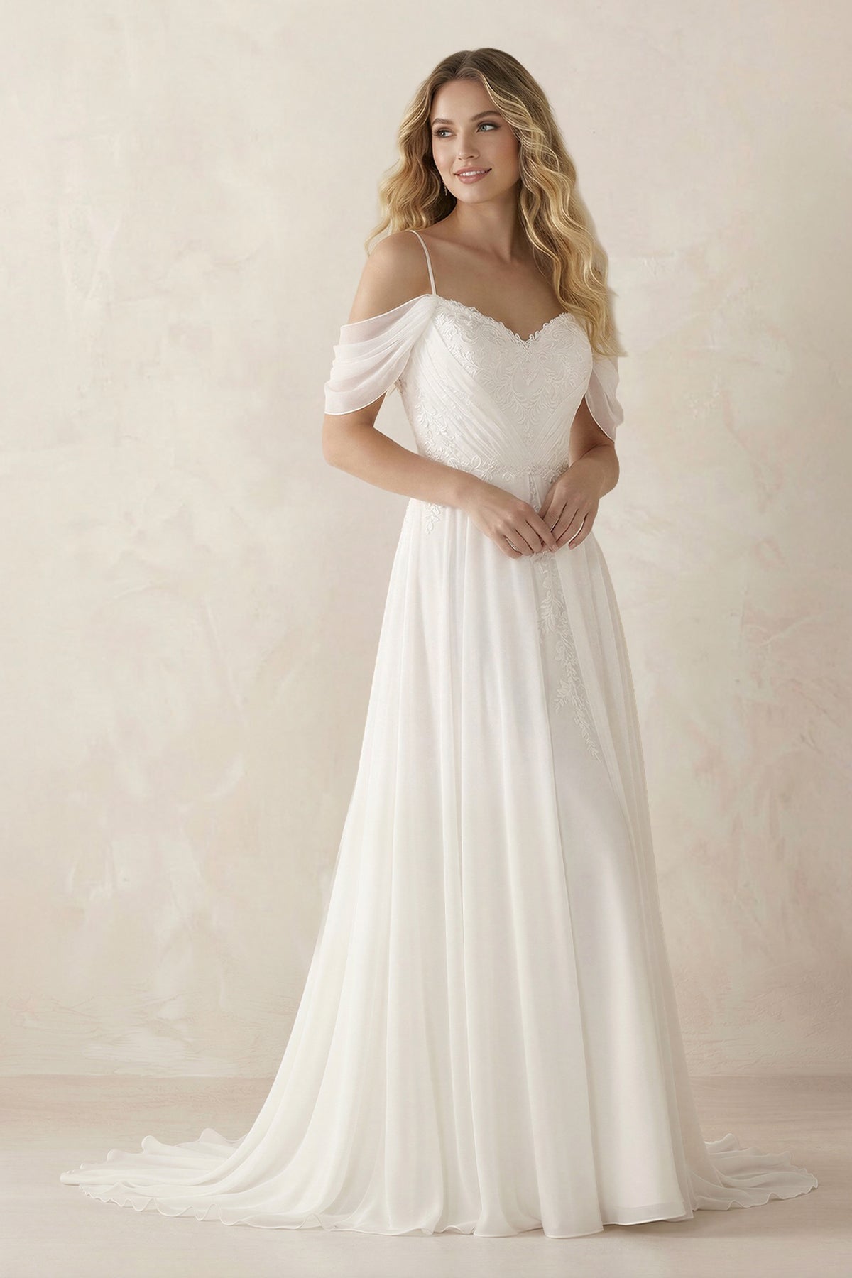 Robe de mariée blanche trapèze tulle col V dos nu - Harana