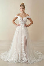 Robe de mariée ivoire trapèze en tulle à épaules dénudées à appliqués - Harana