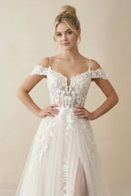 Robe de mariée ivoire trapèze en tulle à épaules dénudées à appliqués - Harana