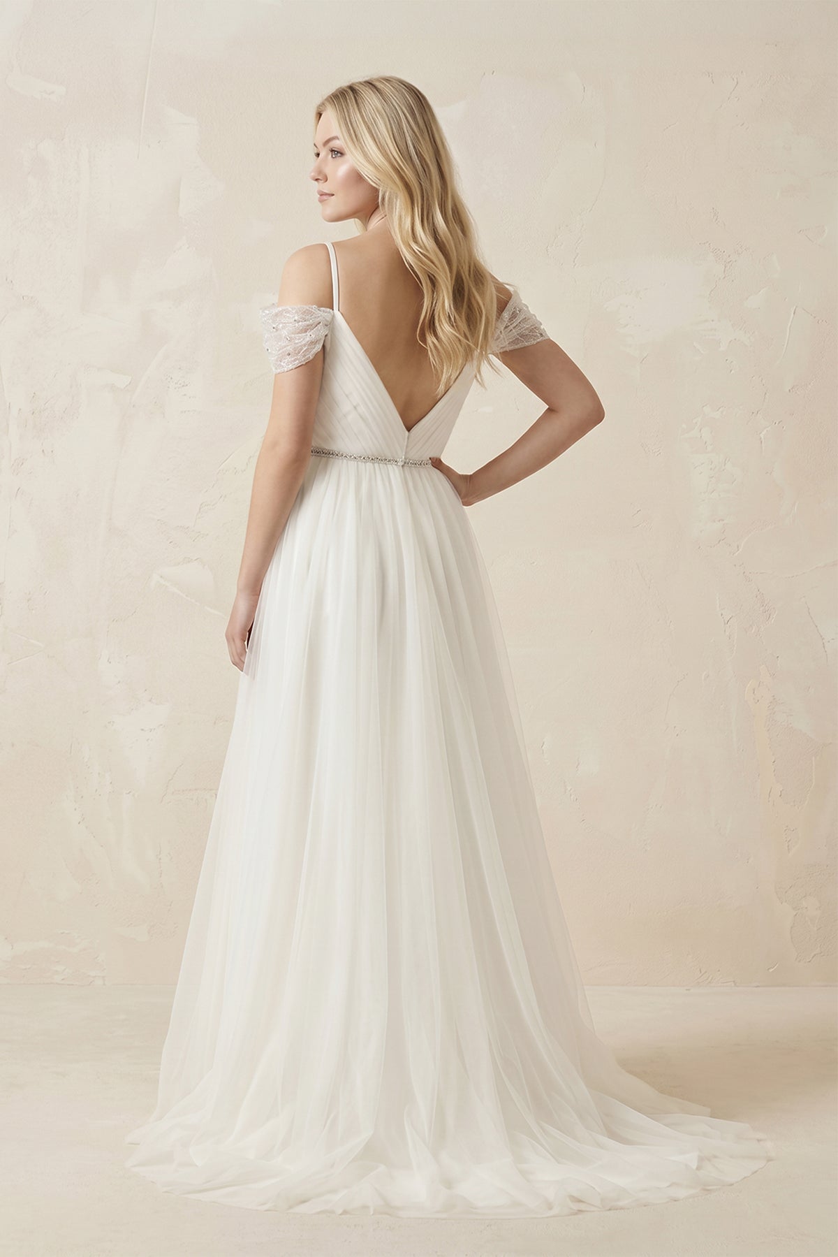Robe de mariée blanche trapèze en tulle à col V - Harana