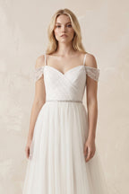 Robe de mariée blanche trapèze en tulle à col V - Harana