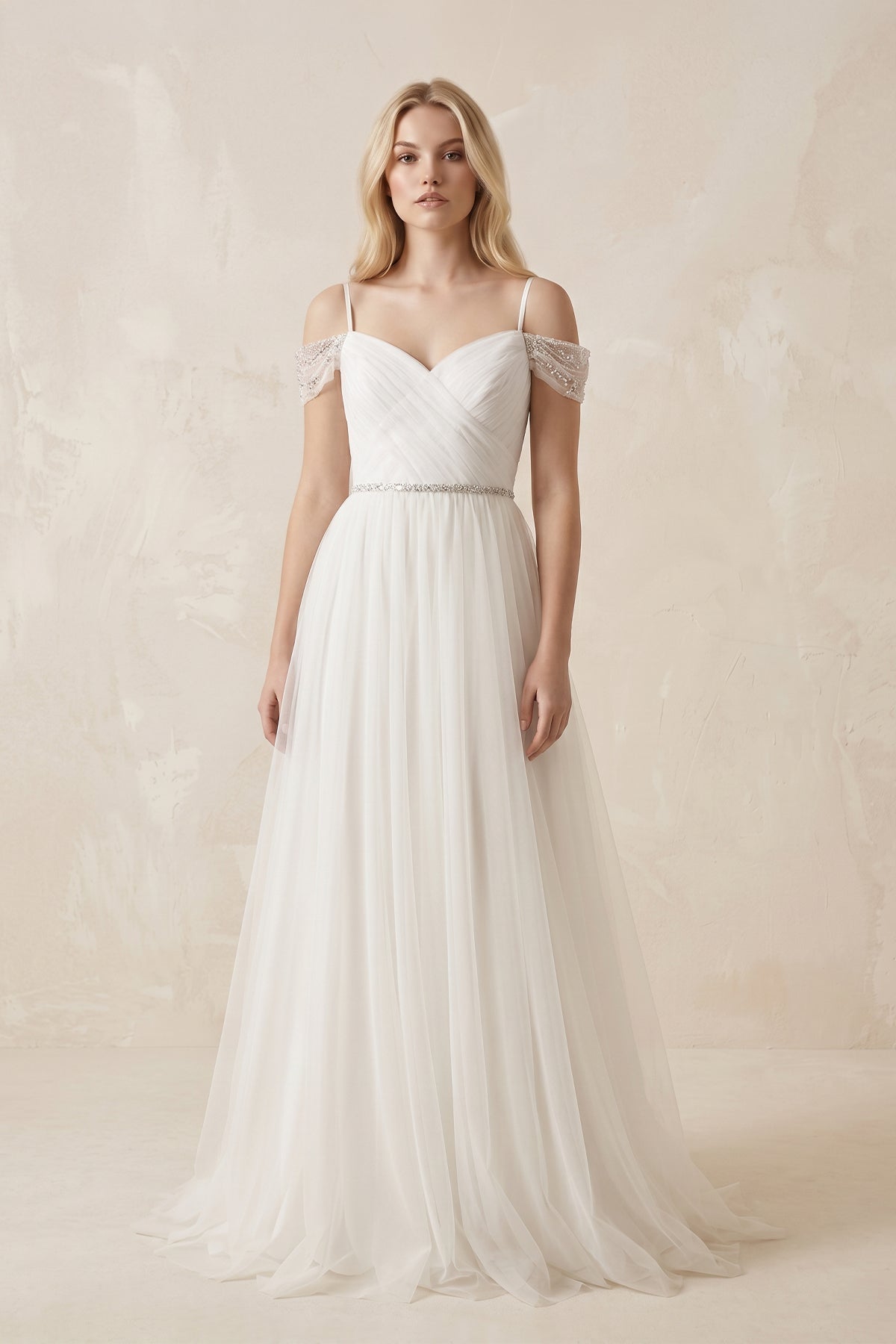 Robe de mariée blanche trapèze en tulle à col V - Harana