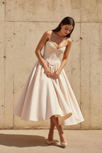 Robe midi champagne à corset plissée - Harana