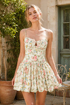 Robe rose courte en coton à fines bretelles imprimée - Harana