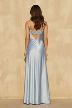Robe longue bleu ciel à appliqués - Harana