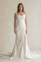 Robe de mariée blanche trapèze en satin manches longues avec fente - Harana