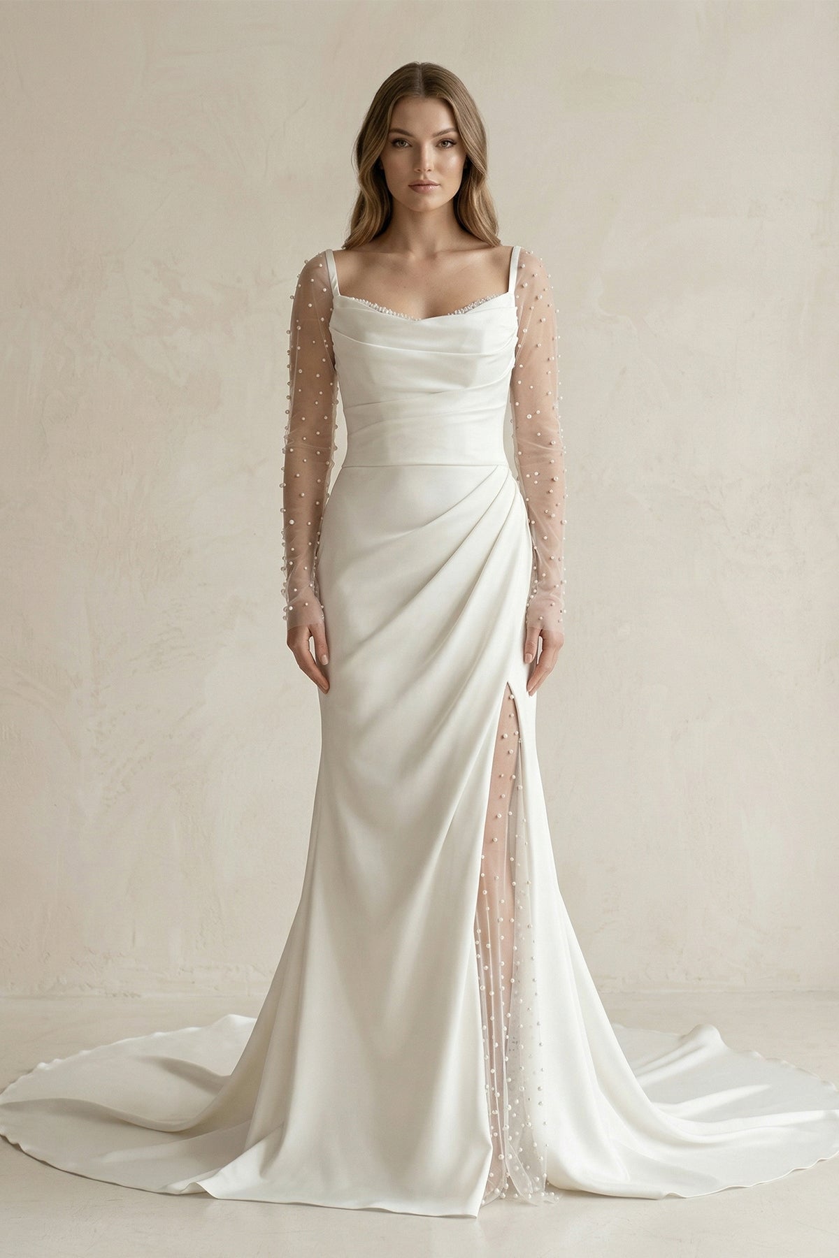 Robe de mariée blanche trapèze en satin manches longues avec fente - Harana