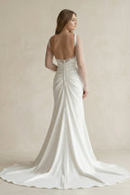 Robe de mariée blanche trapèze en satin manches longues avec fente - Harana