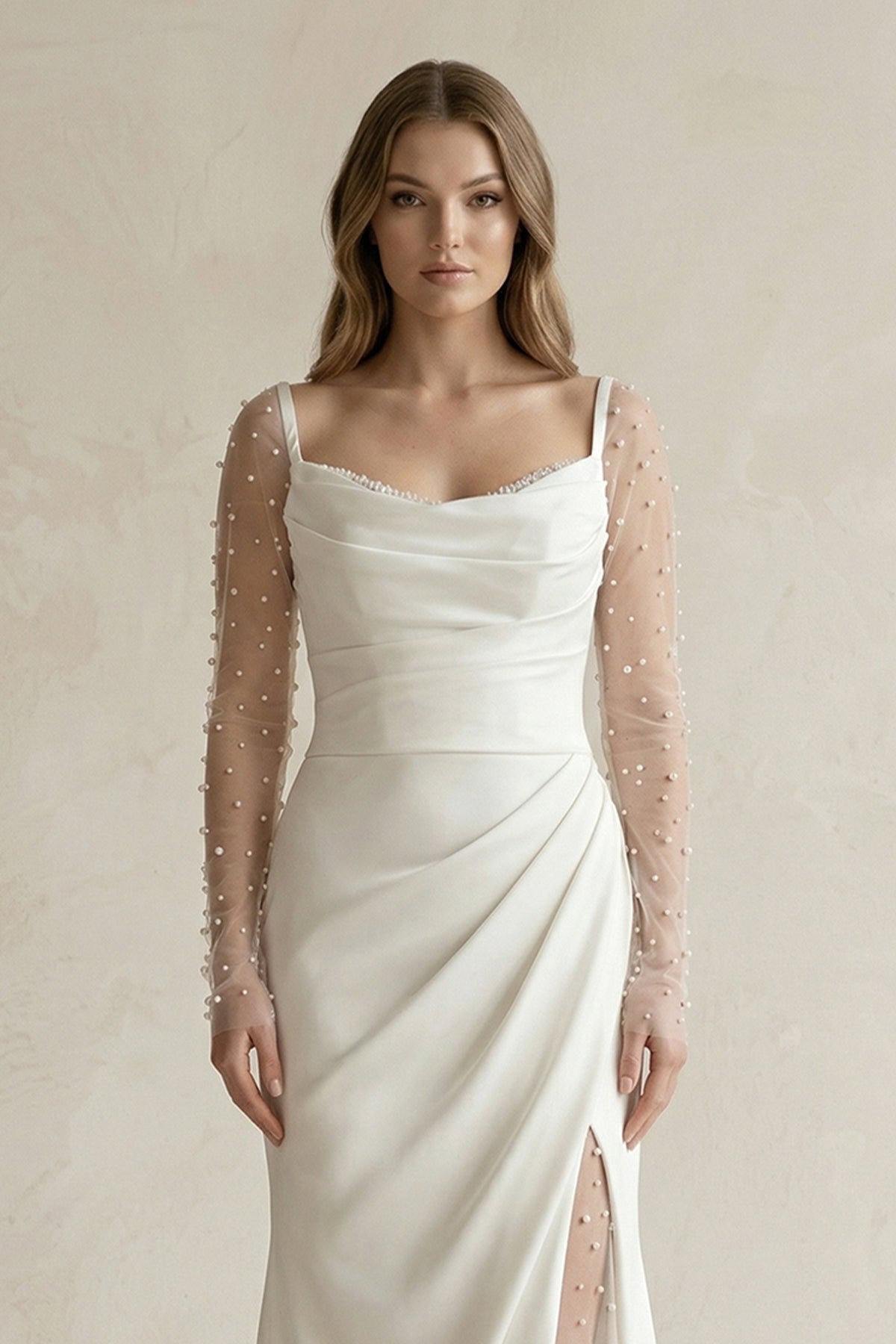 Robe de mariée blanche trapèze en satin manches longues avec fente - Harana
