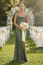 Robe demoiselle d’honneur vert sauge longue sans manches avec fente effet drapé - Harana