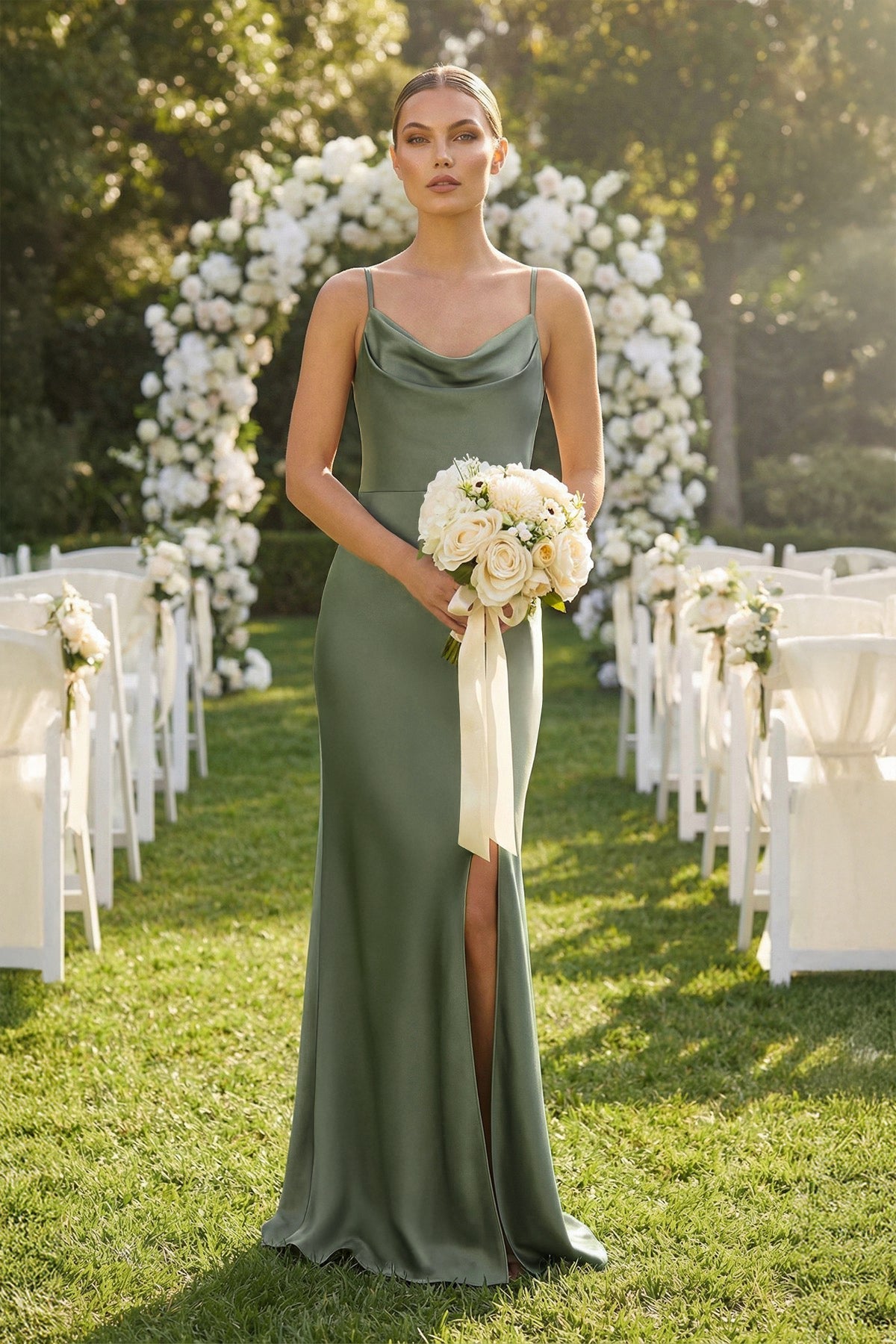 Robe demoiselle d’honneur vert sauge longue sans manches avec fente effet drapé - Harana