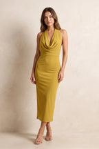 Robe jaune souci midi coupe fourreau à col bénitier dos nu - Harana