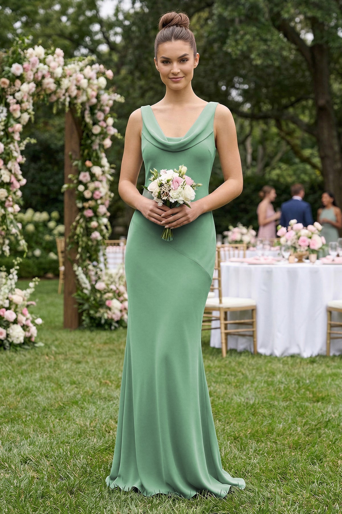 Robe demoiselle d’honneur vert d’eau longue sans manches effet drapé en mousseline - Harana
