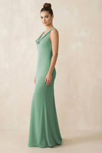 Robe demoiselle d’honneur vert d’eau longue sans manches effet drapé en mousseline - Harana