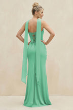 Robe demoiselle d’honneur turquoise longue sans manches froncée effet drapé - Harana