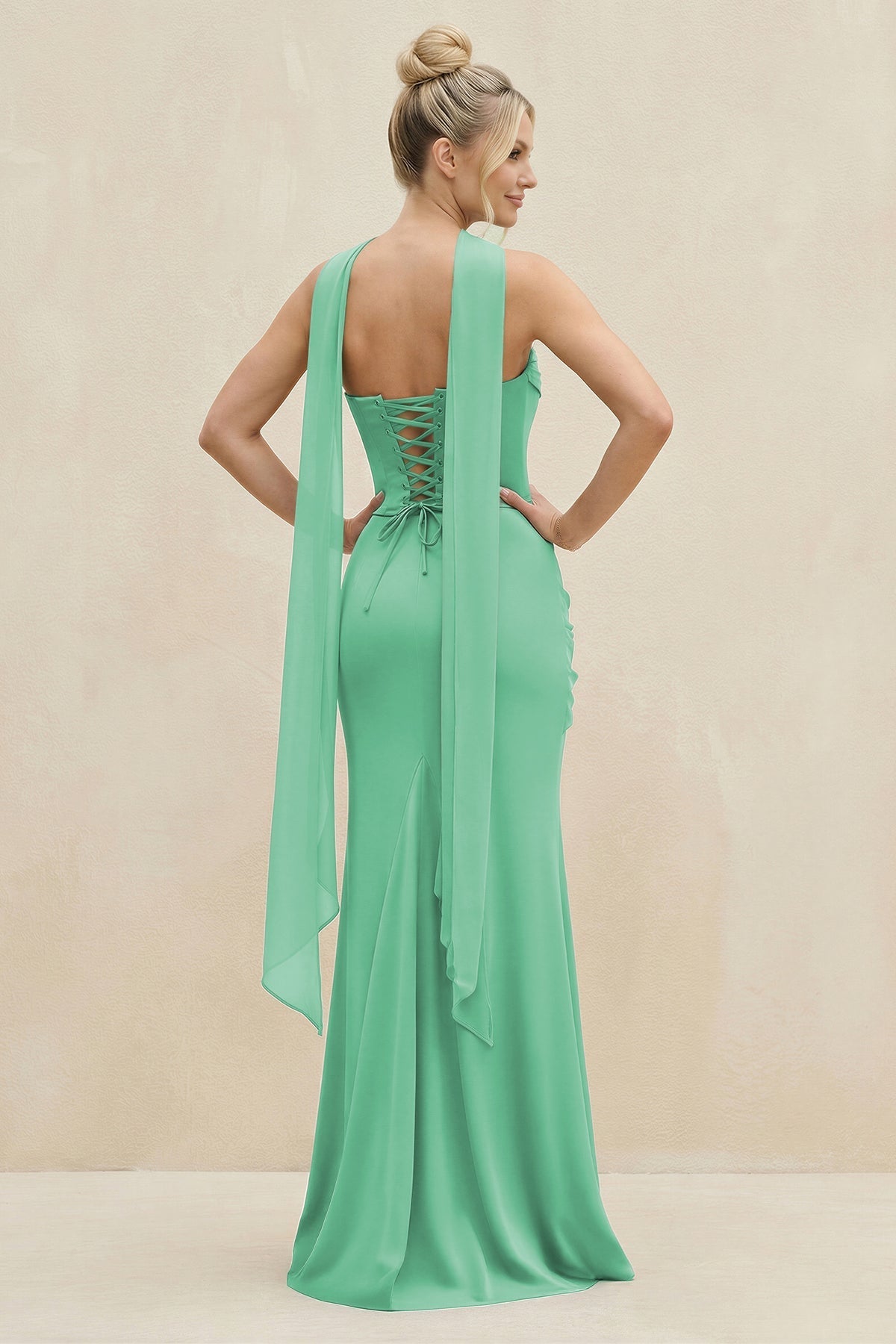 Robe demoiselle d’honneur turquoise longue sans manches froncée effet drapé - Harana