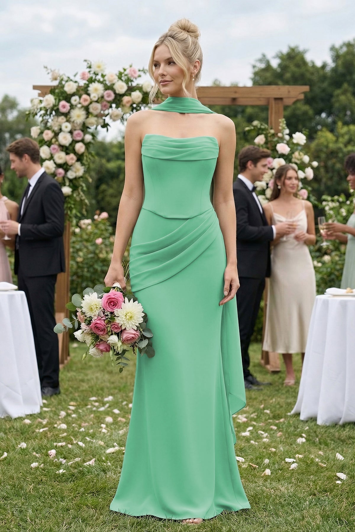 Robe demoiselle d’honneur turquoise longue sans manches froncée effet drapé - Harana
