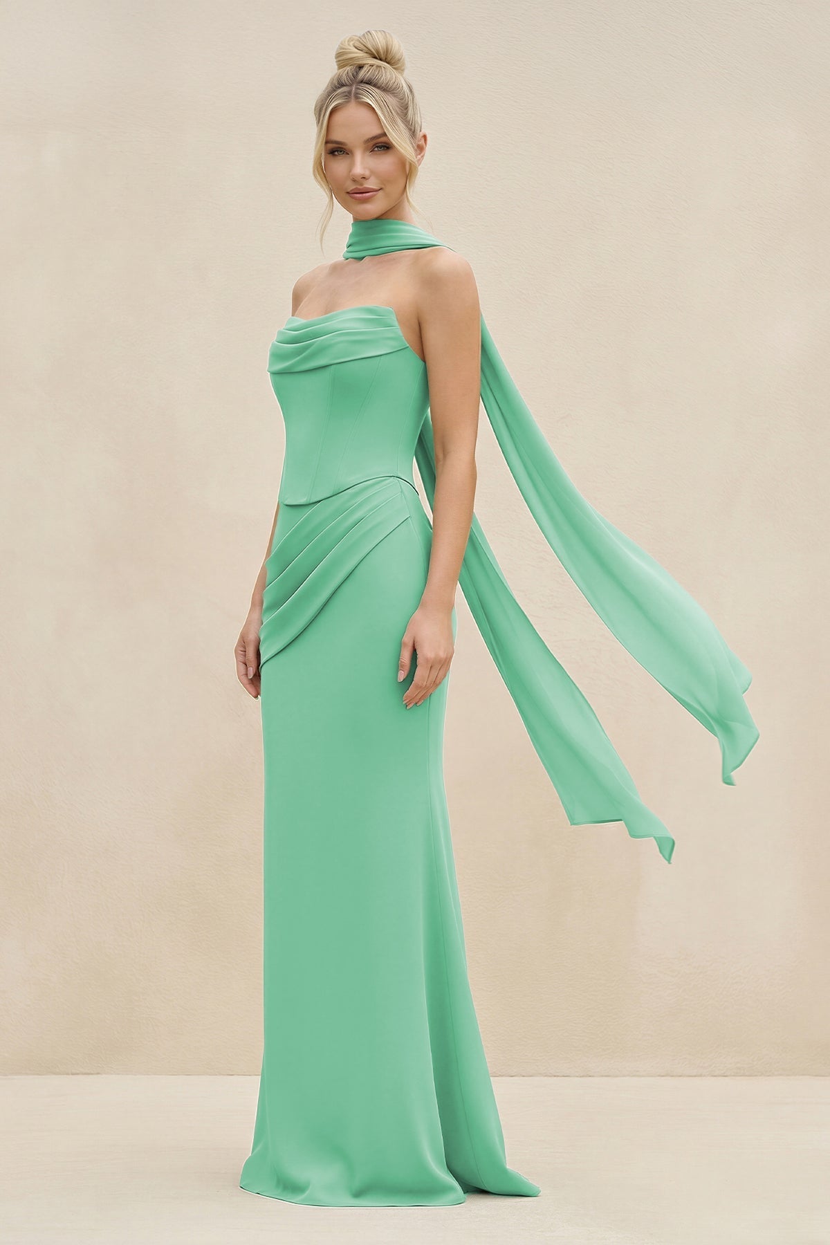 Robe demoiselle d’honneur turquoise longue sans manches froncée effet drapé - Harana