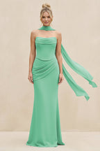 Robe demoiselle d’honneur turquoise longue sans manches froncée effet drapé - Harana