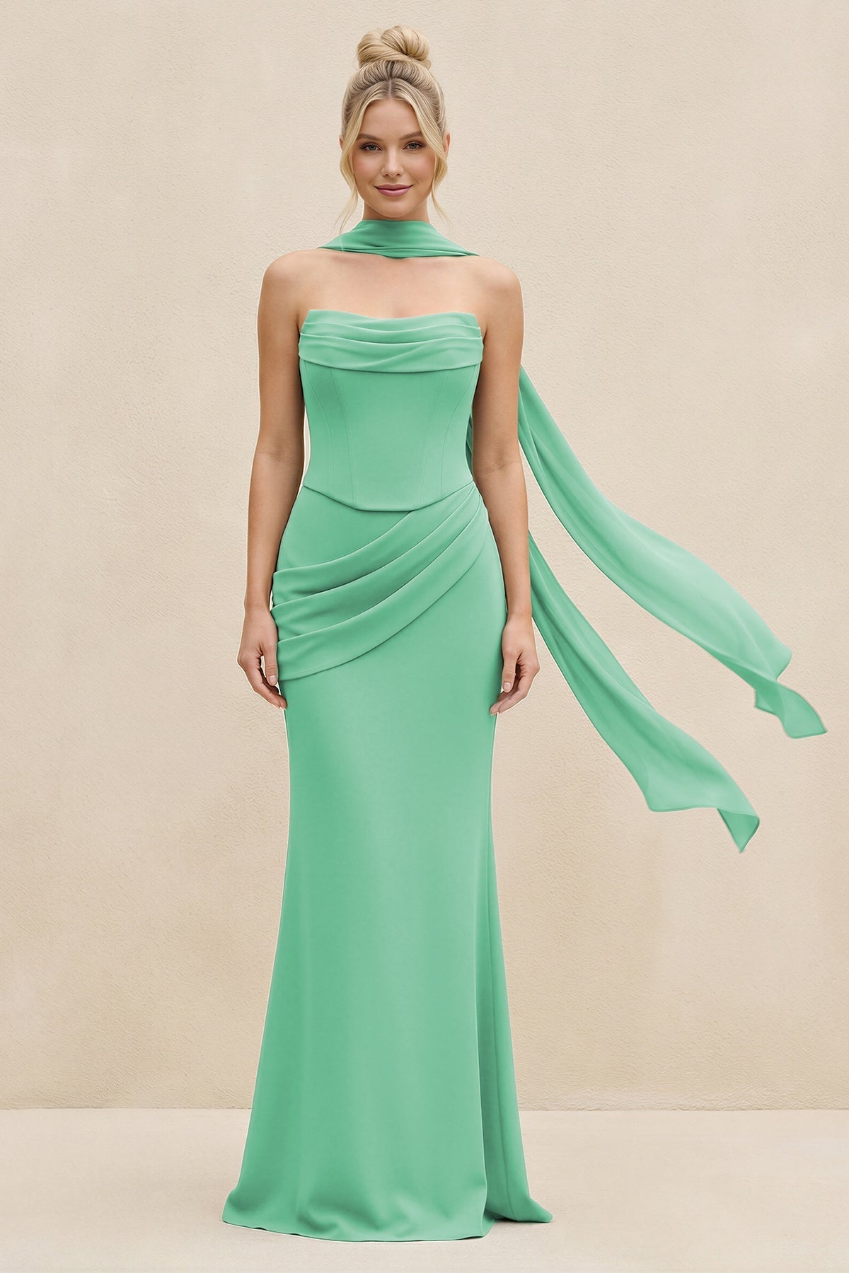 Robe demoiselle d’honneur turquoise longue sans manches froncée effet drapé - Harana