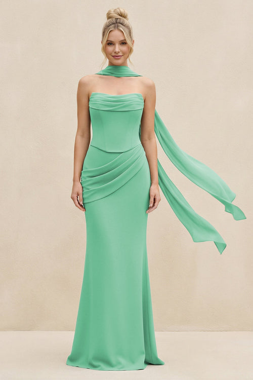 Robe de demoiselle d’honneur turquoise longue en mousseline coupe fourreau à col bénitier - Harana