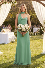 Robe demoiselle d’honneur vert d’eau longue sans manches effet drapé en mousseline - Harana