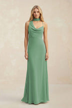 Robe demoiselle d’honneur vert d’eau longue sans manches effet drapé en mousseline - Harana