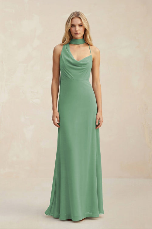 Robe de demoiselle d’honneur vert d’eau longue en mousseline silhouette fourreau à col bénitier - Harana
