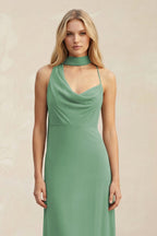 Robe demoiselle d’honneur vert d’eau longue sans manches effet drapé en mousseline - Harana