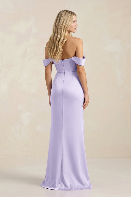 Robe de demoiselle d’honneur lavande longue satinée coupe fourreau à col bénitier - Harana