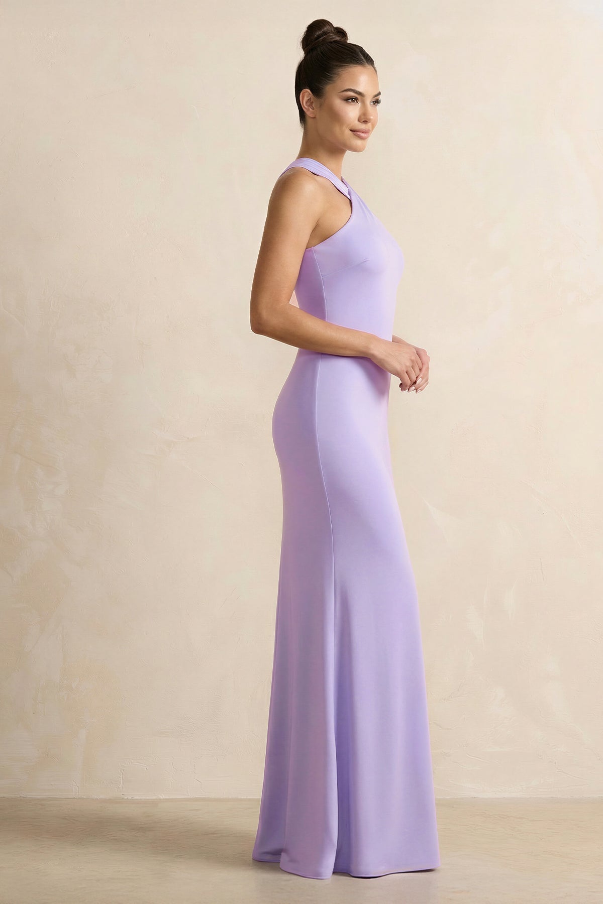 Robe demoiselle d’honneur lavande longue dos nu sans manches effet drapé - Harana
