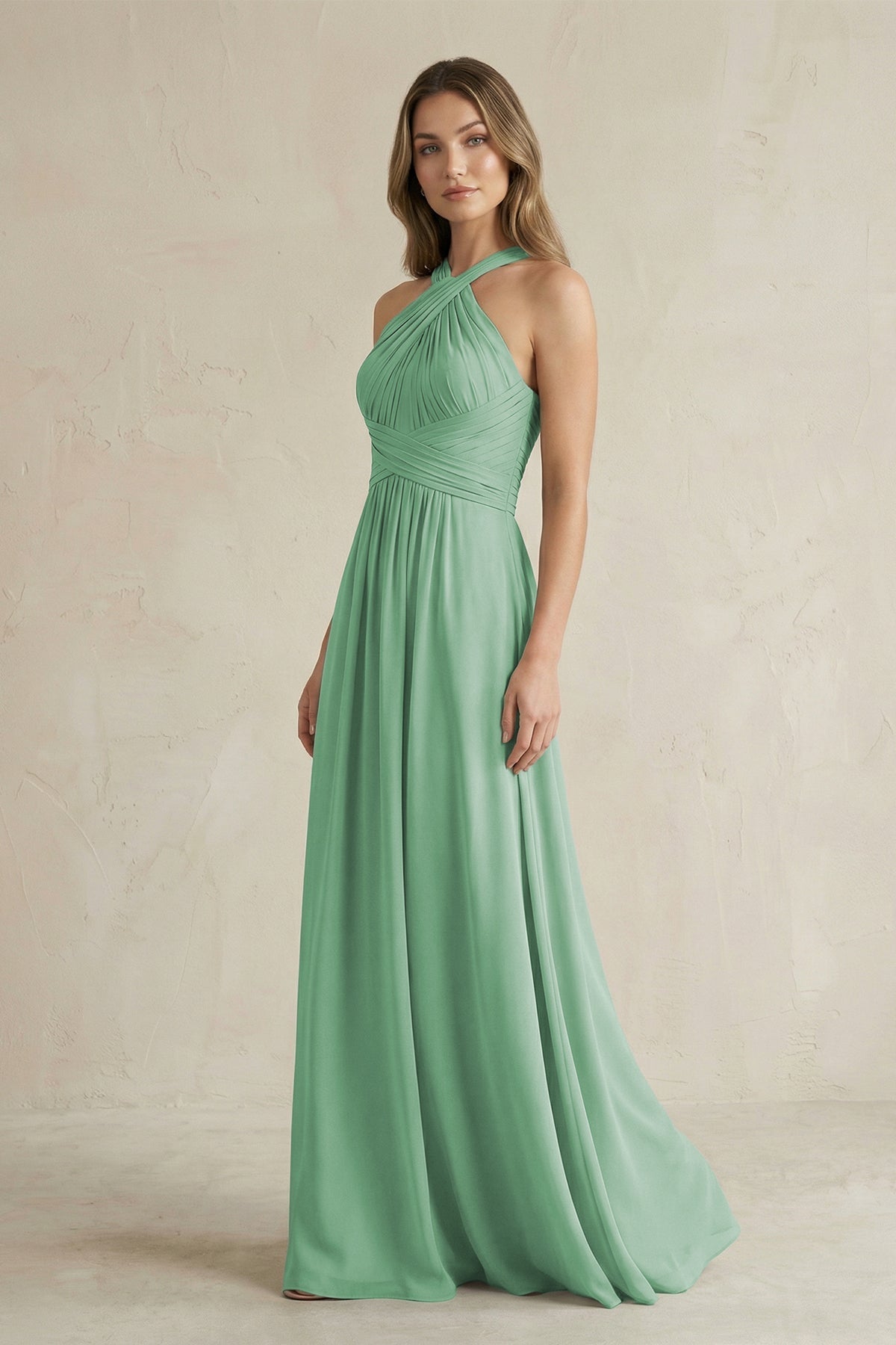 Robe demoiselle d’honneur vert d’eau longue dos nu sans manches plissée - Harana