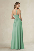 Robe demoiselle d’honneur vert d’eau longue dos nu sans manches plissée - Harana