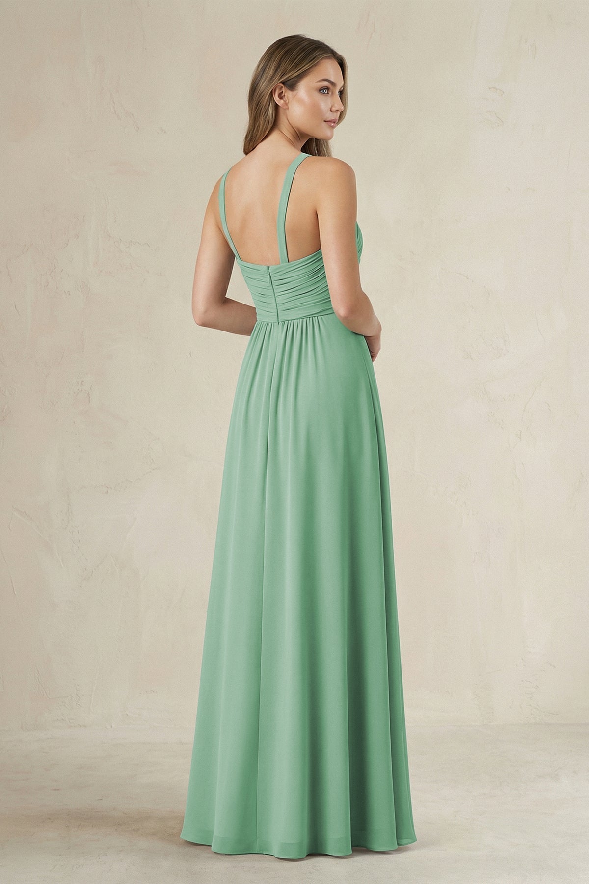 Robe demoiselle d’honneur vert d’eau longue dos nu sans manches plissée - Harana