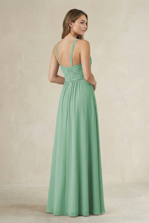 Robe de demoiselle d’honneur vert d’eau longue coupe trapèze à col licou plissée - Harana
